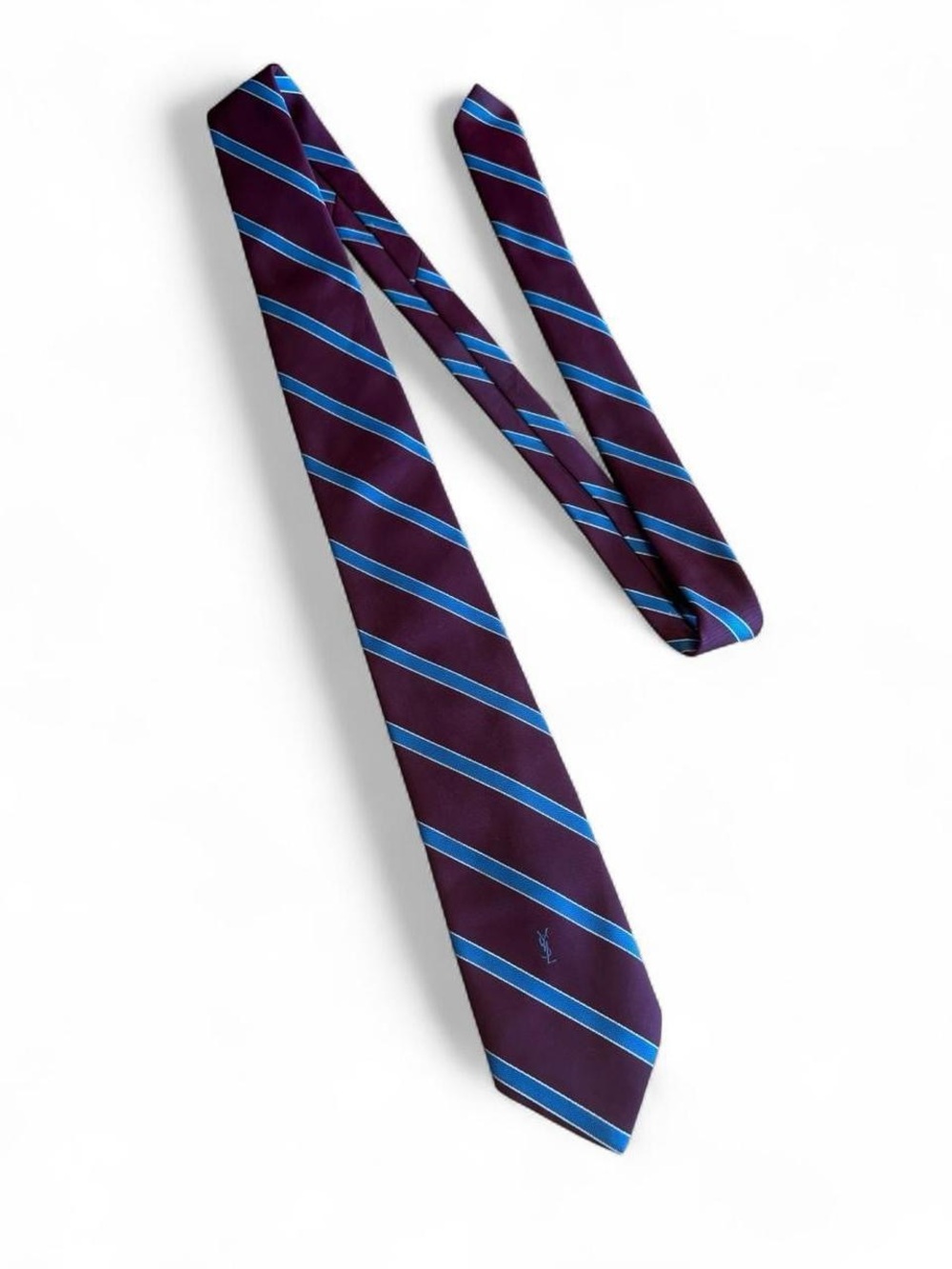 Yves Saint Laurent YSL Mens Striped Neck Tie Burgundy and Blue Old Money Classic